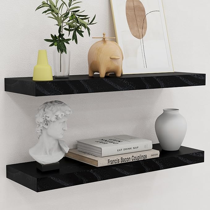 fuqing Black Floating Shelves | 24 Inch Wood Floating Shelves for Wall Set of 2 | 24