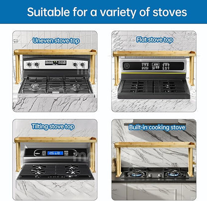 Over The Stove Top Shelf for Kitchen Bamboo Spice Rack Organizer for Back of Stove with Protective Lips & 6 Hooks,Easy Installation 33.5 * 4.5 * 13.4”