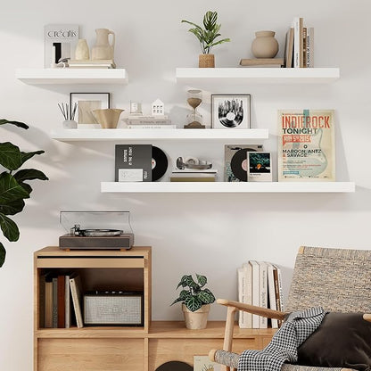 Fun Memories Floating Shelves, 9.3 Inch Deep Solid Pine Wood Wall Shelves for Storage, Rustic Wall Mounted Display Shelf with Invisible Heavy-Duty Metal Bracket, 48 Inch Width, White