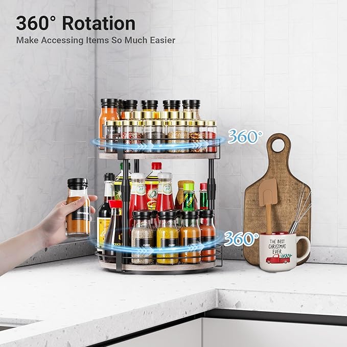 Lazy-Susan-Organizer-Spice-Rack, 2-Tier Rotating Spice Organizer For Kitchen-Cabinet-Countertop-Pantry, Turntable Seasoning Holder Storage Shelf With Adjustable Height