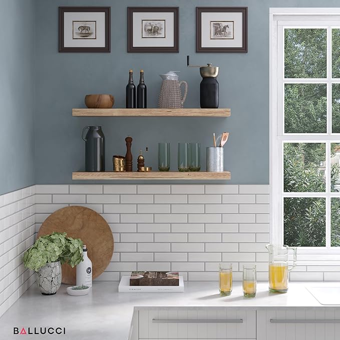 Ballucci Floating Shelves for Wall, 36" Wood Wall Shelf Set of 2, with Invisible Brackets for Bathroom, Living Room, Bedroom, Kitchen, Nursery, 8" Deep, Oak Finish