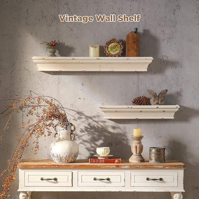 Vintage Floating Shelves for Wall, 36.3 Inch Rustic Wall Shelves, Solid Wood Mounted Decorative Shelves, Long Floating Shelf for Living Room, Bedroom, Bathroom, Kitchen, Home Decor, White