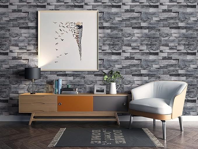 Timeet Grey Brick Wallpaper Peel and Stick Wallpaper Vintage Brick Wallpaper 17.7”X 393.7” Self-Adhesive Removable Wallpaper for Kitchen Bedroom Living Room Decoration