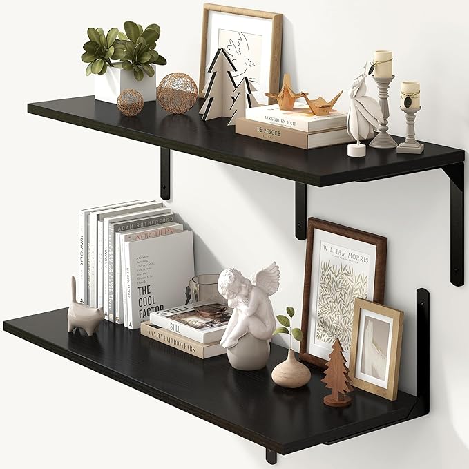 Fun Memories Floating Shelves for Wall, 12 Inch Deep Floating Shelves Set of 2, Wall Mounted Shelf with Metal Brackets, Rustic Wood Wide Shelf for Bathroom, Kitchen and Living Room, Black, 36W x 12D
