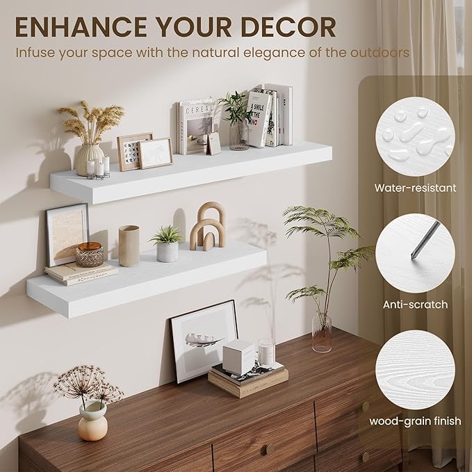 Fun Memories Floating Shelves for Wall, 40 Inch Floating Shelf for Home Decor, Wall Mounted Rustic Wood Shelves 12 Inch Deep, Hanging Deep Shelf for Bedroom, Living Room, Kitchen, White, Set of 2