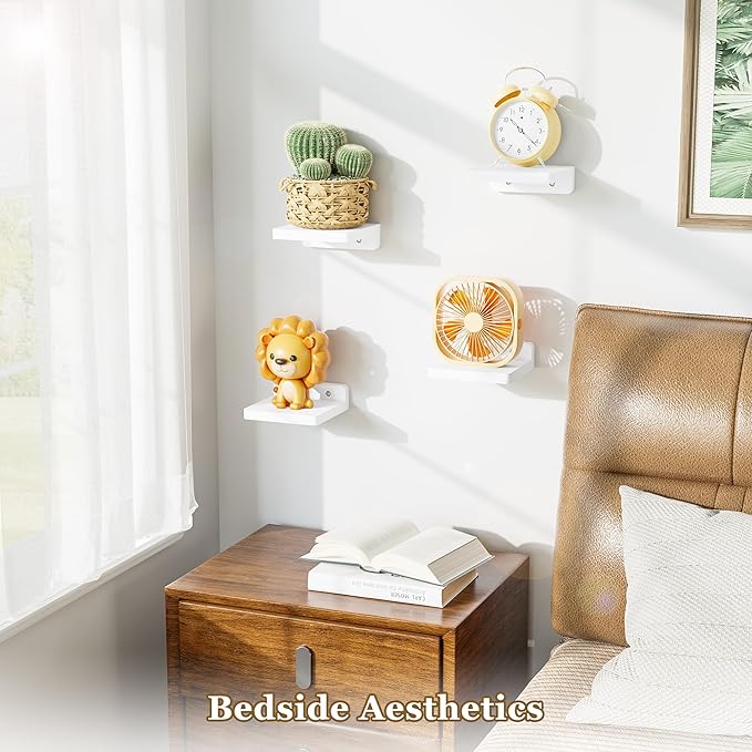 SRIWATANA Small Floating Shelves Wall Mounted, Wood Shelf for Decoration and Storage Set of 4, Mini Display Shelf for Bedroom, Bathroom, Kitchen, Office (White, 5 inch)