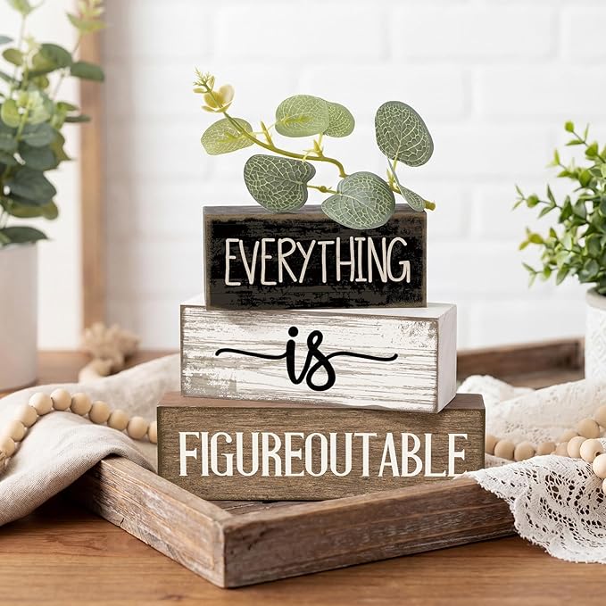 4 Pcs Inspirational Farmhouse Table Decor Everything Is Figureoutable Stacked Wooden Block Signs with Inspirational Quote Eucalyptus Leaves for Home, Living Room, Shelf Housewarming Gift
