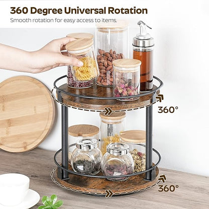 Lazy Susan Organizer, Rotating Spice Rack, 2 Tier Spice Turntable Organizer, Industrial Turntable Spice Holder, for Kitchen Countertop and Cabinet, Compact and Versatile, Rustic Brown SR22BR