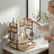 Coffee Station Organizer Countertop, Wooden Coffee Bar Accessories Organizer with Basket, 2 Mug Holder Hooks and Pod Drawer, Multifunctional 2 Tier Countertop Organizer for Kitchen, Bathroom, Office