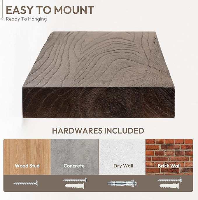 Marsmiles 30 inch Floating Shelves for Wall Solid Elm Wood Shelves|Rustic Wall Shelves with Invisible Heavy-Duty Bracket for Bathroom Living Room Kitchen|Walnut, 2 Pack