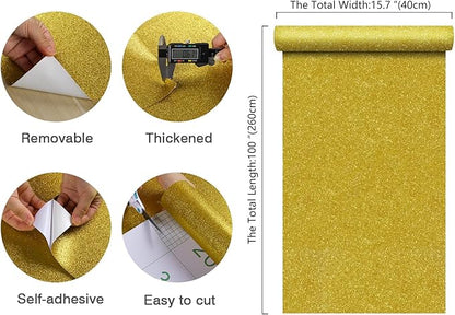 CHIHUT Gold Sparkle Contact Paper 15.7''x100'' Gold Glitter Wallpaper Peel and Stick Wallpaper Self Adhesive Removable Gold Wall Paper Roll Fabric Contact Paper for Cabinets Walls Gifts Bedroom