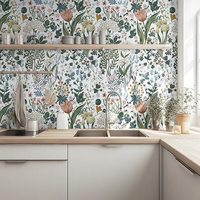 Peel and Stick Wallpaper Vintage Wall Paper White Floral Contact Paper Removable Wallpaper 17.3