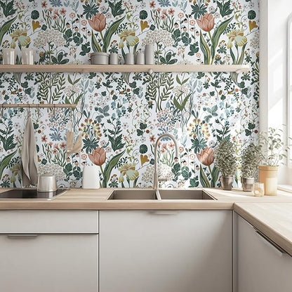 Peel and Stick Wallpaper Vintage White Wallpaper Floral Contact Paper Removable Wall Paper 17.3"x78.7" Leaf Flower Self Adhesive for Bedroom Bathroom Drawer Decor