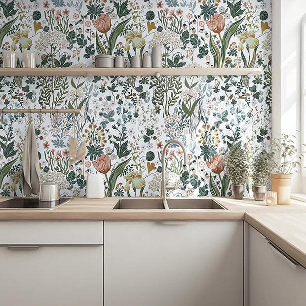 Peel and Stick Wallpaper Vintage White Wallpaper Floral Contact Paper Removable Wall Paper 17.3"x78.7" Leaf Flower Self Adhesive for Bedroom Bathroom Drawer Decor