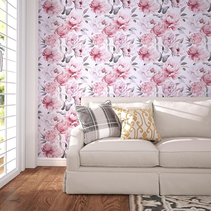 Floral Wallpaper Peel and Stick, Large White & Pink Flowers Contact Paper 17.5" x 393.7", Modern Peony Wall Mural Self Adhesive Removable Waterproof for Room Walls Shelves Cabinet Drawer Table Decor