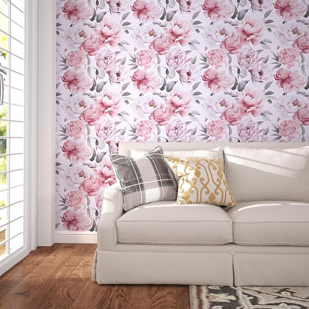 Floral Wallpaper Peel and Stick, Large White & Pink Flowers Contact Paper 17.5" x 118", Modern Peony Wall Paper Self Adhesive Removable Waterproof for Room Walls Shelves Cabinet Drawer Table Decor