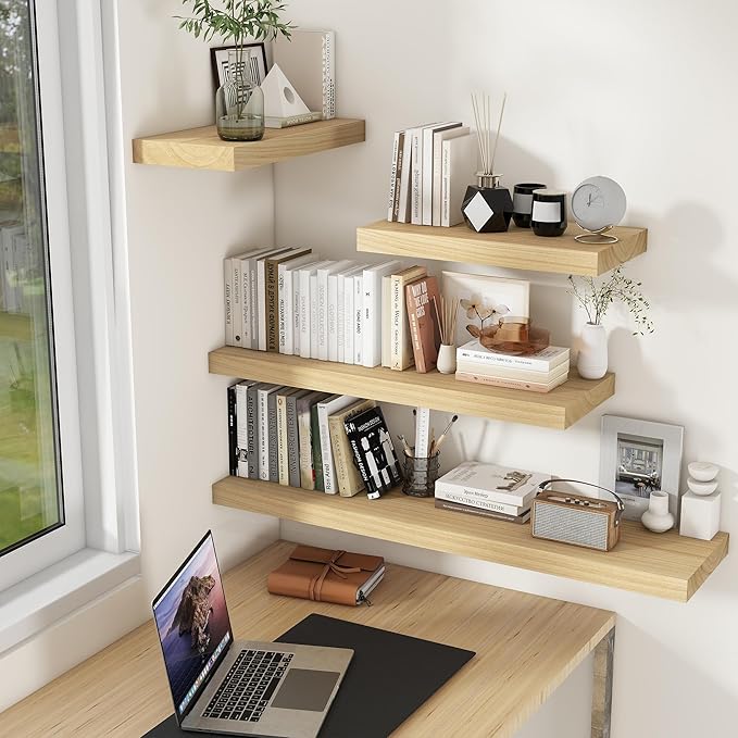 Fun Memories Deep Floating Shelves 16 Inch Long, Natural Wood Floating Shelf for Wall, Set of 2, Rustic 9 Inch Deep Wall Shelves, Deep Bathroom Shelves for Storage & Display, Burlywood