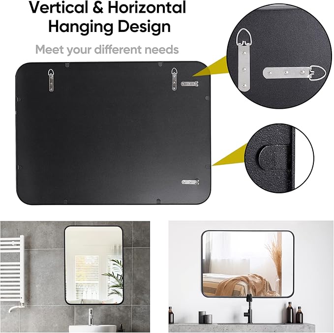 SUPER DEAL 22x30 Inch Black Wall Mirror for Bathroom, 2PCS Wall Mounted Rectangular Entryways Decor Vanity Mirrors with Stainless Steel Metal Frame and Rounded Edge