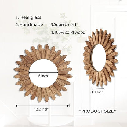 LOSOUR Wall Decor 12 inch Rustic Round Wood Mirror Decorative Boho Sunburst Mirror Boho Home Decor Farmhouse Wall Decor for Bedroom Living Room Entryway