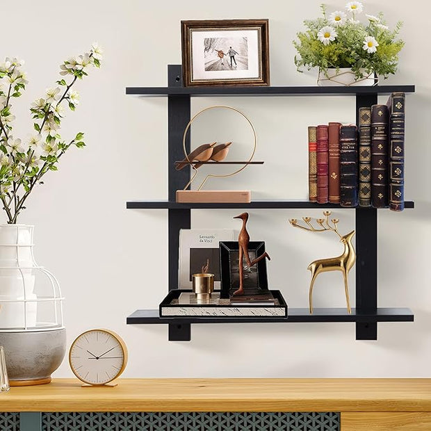 3 Tier Floating Shelves,Long Wall Shelf,Over The Toilet Shelves Bathroom Hanging Display Storage Rustic for Living Room Bedroom Kitchen Office Coffee Bar Decor Decorative,24 Inch,2 Pack,(Black)