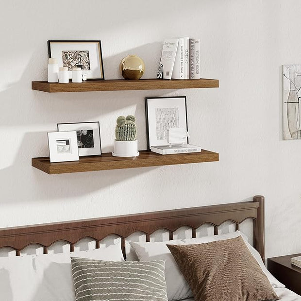 Fun Memories 12 Deep Floating Shelves, 40W x 12D Floating Shelves for Wall Set of 2, Extra Deeper Hanging Wood Shelves for Wall for Living Room Kitchen Laundry Room Kitchen Home Office - Walnut