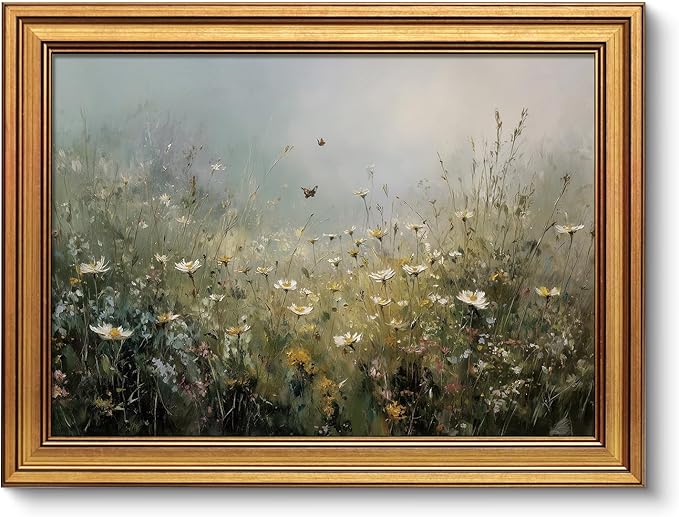 VIYYIEA Gold Framed Art Prints,12x16Inch, Wildflower Floral Vintage Art Painting, Country Spring Landscape Decor for Bedroom Bathroom Dining Room Shelf, Rustic Farmhouse Canvas Picture