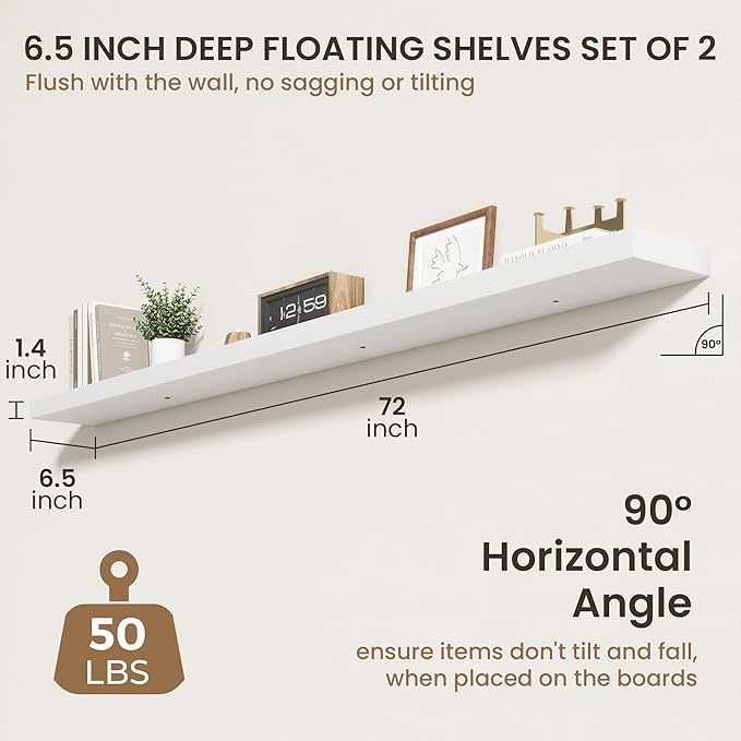 72 Inch Floating Shelves | 6.5 Inch Deep White Floating Shelves Set of 2 | 72" W x 6.5" D Rustic White Wood Wall Shelves with Invisible Brackets for Bathroom Living Room Bedroom