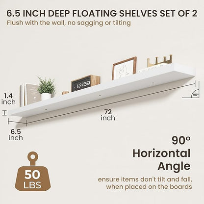 72 Inch Floating Shelves | 6.5 Inch Deep White Floating Shelves Set of 2 | 72" W x 6.5" D Rustic White Wood Wall Shelves with Invisible Brackets for Bathroom Living Room Bedroom