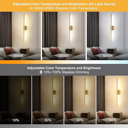 Wireless Battery Operated Wall Sconces with Remote, Gold Rechargeable Led Wall Lights Set of Two, Cordless Dimmable Battery Powered Wall Lamp Decor for Bedroom Living Room, 3 Color, 32 Inch