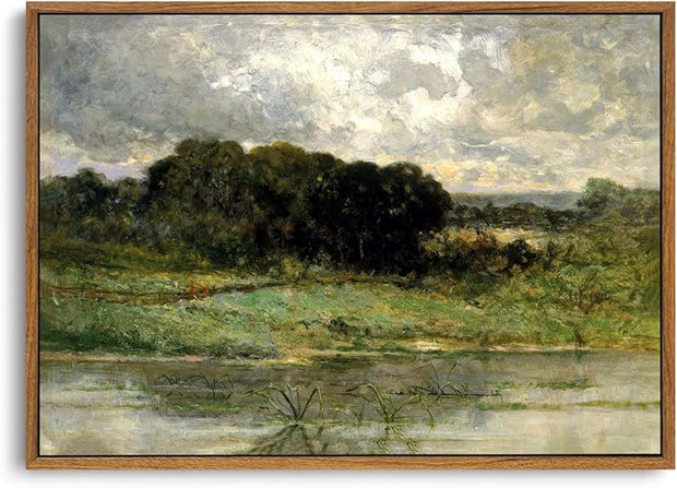 OIQArtOIQ Framed Vintage Landscape Wall Art Lake Natural Scenery Oil Painting Canvas Prints Country Farmhouse Decor Aesthetic Pictures for Kitchen Bedroom Living Room Bathroom