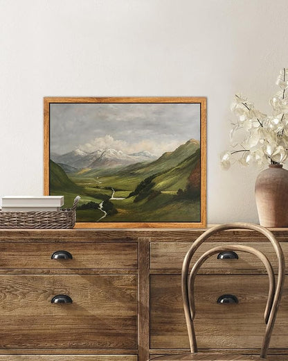 SHENIFY Landscape Vintage Framed Canvas Wall Art Classical Mountain Range Valley Prints Farmhouse Kitchen Office Decor - 8x10in Natural Framed