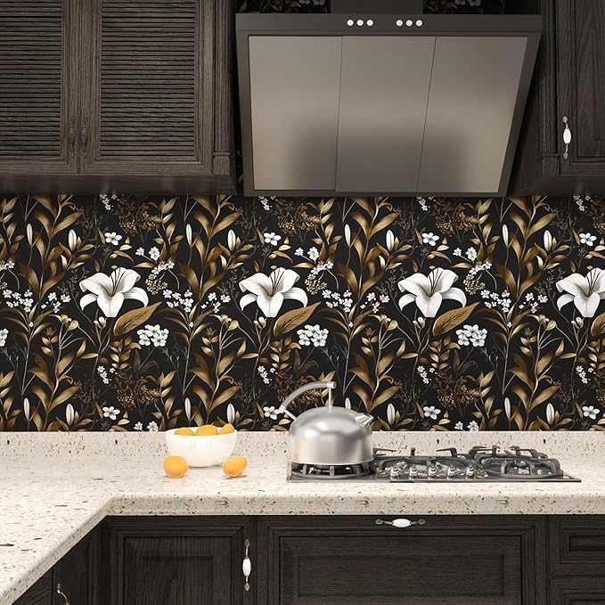 Black Gold Wallpaper Peel and Stick, Dark White Floral Vintage Contact Paper 17.5