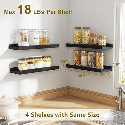 Love-KANKEI Black Floating Shelves for Wall Set of 4, Wood Wall Shelves with Lip,15.6 Inch Rustic Hanging Shelves for Bedroom Bathroom Living Room Kitchen Nursery Display