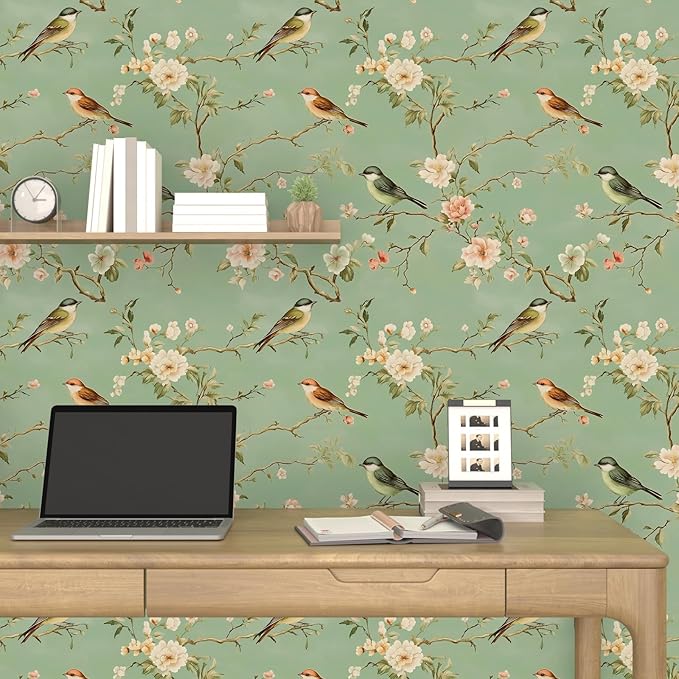 Green Floral Wallpaper Peel and Stick Bird Wallpaper Pink Flower Contact Paper 17.5" × 118" Waterproof Vinyl Self Adhesive Vintage Wall Paper for Bedroom Walls Cabinet Locker Decor