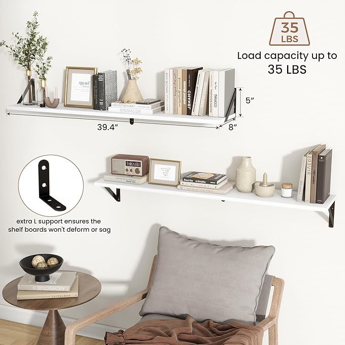 Axeman 40 Inch Floating Shelves | 8 Inch Deep White Wall Shelves Set of 2 | 39.4