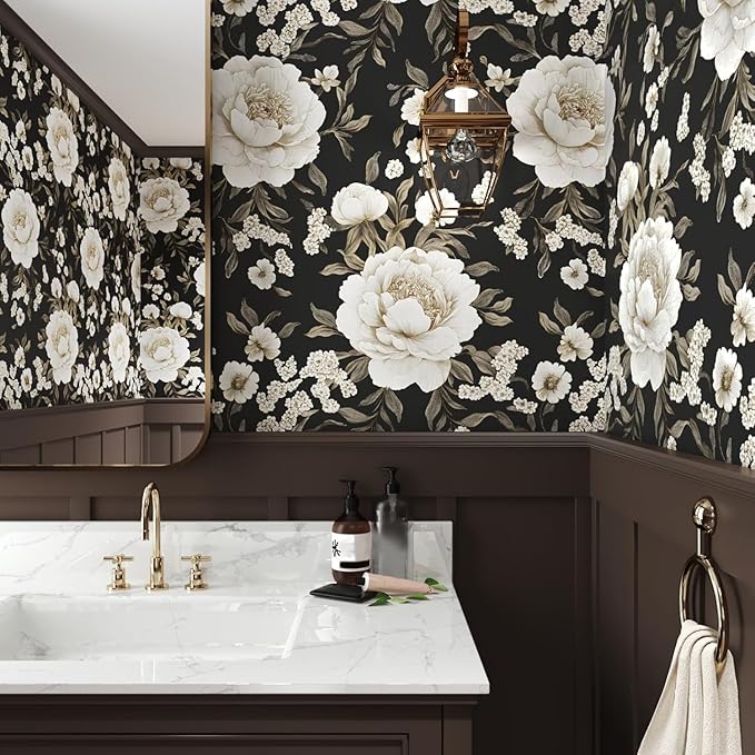 Boho Wallpaper Peel and Stick Dark Floral Wallpaper for Cabinet 17.5in x393in Vintage Contact Paper Waterproof Self Adhesive Modern Flowers Leaf Wall Paper for Room Walls Bathroom Decor