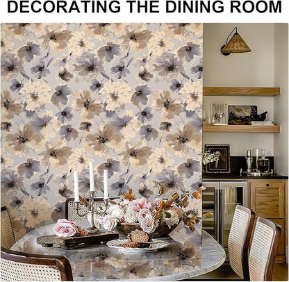 Purple Watercolor Floral Peel and Stick Wallpaper, 118" x 17.3" Vintage Removable Waterproof Self Adhesive Wall Paper, Brown Flower Contact Paper Peel and Stick for Classroom Cabinets 14.4 sq.ft