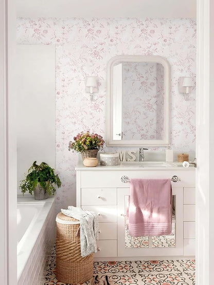 Ismoon Floral Wallpaper Peel and Stick Pink Stick on Wall Paper Vintage French Contact Paper for Cabinet Textured Removable Self Adhesive Wallpaper Vinyl Roll Shelf Deco, 17.3x787in