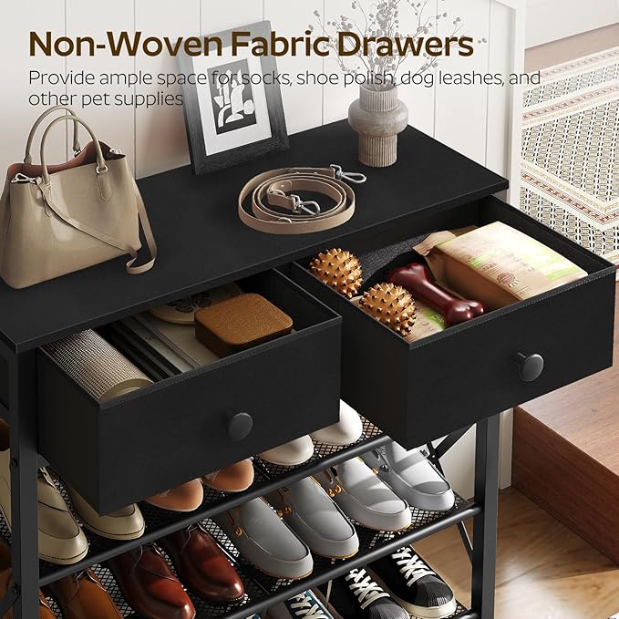 4 Tier Shoe Rack, Large Capacity Shoe Storage Organizer, Metal Shoe Shelf with Drawer and Wooden Top, for 16 Pairs of Shoes, for Entryway, Closet, Black SS24BB