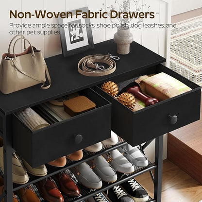 4 Tier Shoe Rack, Large Capacity Shoe Storage Organizer, Metal Shoe Shelf with Drawer and Wooden Top, for 16 Pairs of Shoes, for Entryway, Closet, Black SS24BB