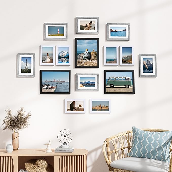 Vittanly 15 Pack Picture Frames Collage Wall Decor, Multi Sizes Including 3pcs 8x10, 6pcs 5x7 and 6pcs 4x6 Photo Frames, Gallery Frame Set for Wall or Tabletop Display, Black, Grey and White
