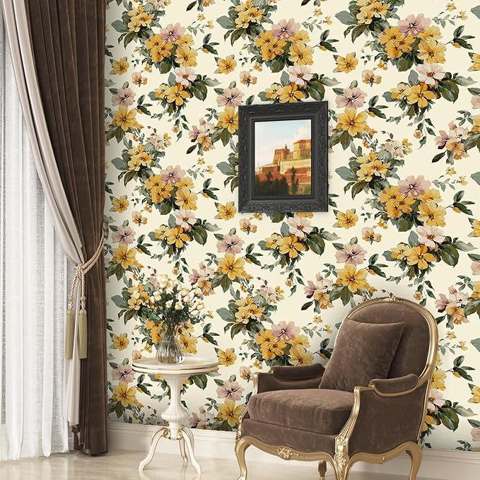 Yellow Floral Wallpaper Peel and Stick, Vintage Botanical Contact Paper 17.5" x 118", Retro Flower Wall Paper Self Adhesive Removable Waterproof for Bathroom Bedroom Shelf Cabinet Drawer Table