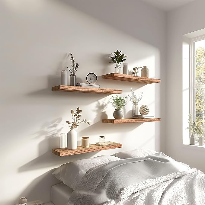 Light Wood Floating Shelves for Wall Rustic Wall Shelf for Bedroom Living Room Set of 6