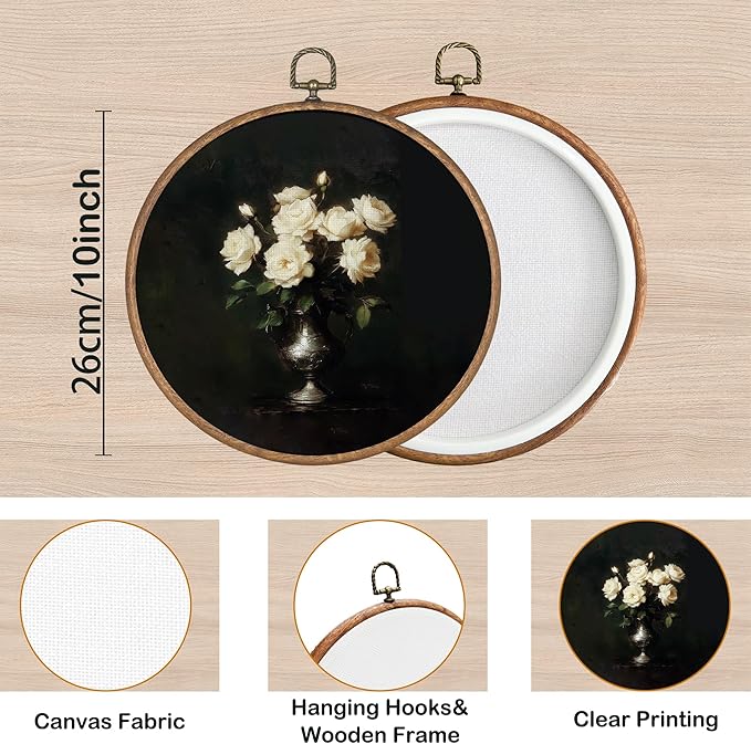 KSDUT Retro Aesthetic White Floral Wall Art Decor - Botanical Neutral Mid Century Modern Dark Wall Art Canvas Frame Hanging Prints, Vintage Landscape Round Wall Art Decor for Home Decorations 10