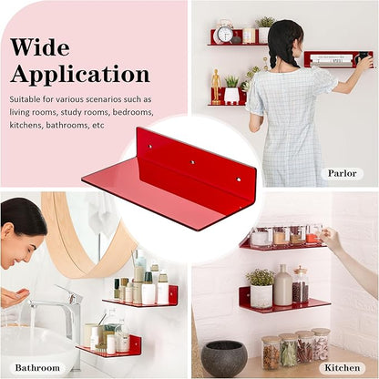 12 Inches Red Small Wall Shelves, Acrylic Bathroom Floating Shelves for Living Room, Bathroom, Bedroom, 2 Pack
