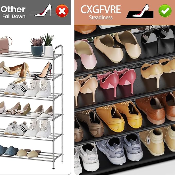 5 Tier Freestanding Shoe Rack, Space Saving Shoe Organiser with Side Pockets and Metal Hooks, Adjustable Shoe Rack for Entrances, Corridors, Dormitories, Holds 20-26 Pairs of Shoes, Metal Bracket