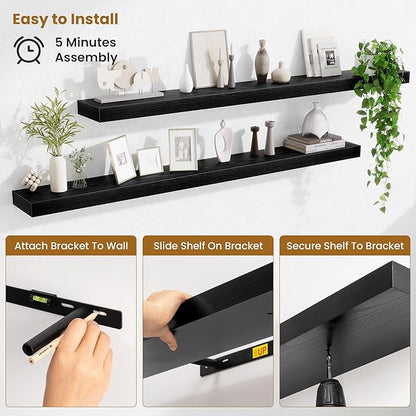 Fun Memories 55 Inch Floating Shelves Bedroom, Large Extra Floating Shelf Set of 2 with Invisible Brackets, Black