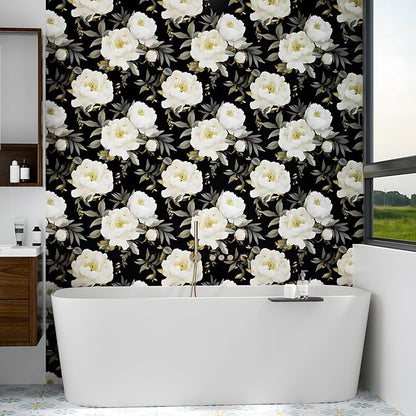 Dark Floral Wallpaper Peel and Stick Boho Wallpaper 17.5in x393in White Floral Contact Paper Self Adhesive Waterproof Vintage Flowers Wall Paper for Bedroom Walls Countertop(White,Golden)