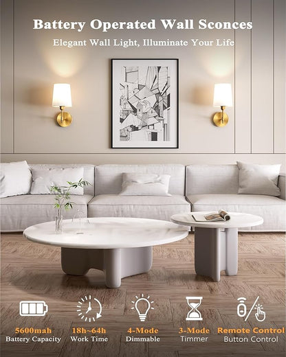 Ouyulong Battery Operated Wall Sconces Set of 2, Wireless Rechargeable Dimmable Wall Light with RGB Bulb and Remote for Bedroom, Living Room, Hallway (Gold)