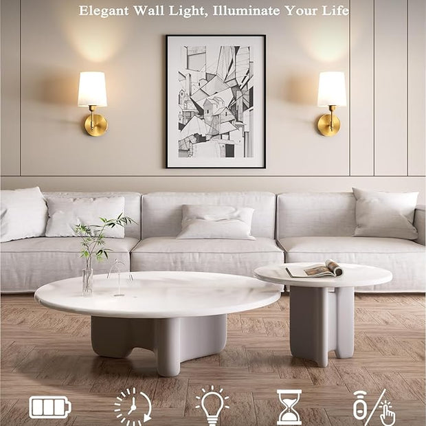 Ouyulong Battery Operated Wall Sconces Set of 2, Wireless Rechargeable Dimmable Wall Light with RGB Bulb and Remote for Bedroom, Living Room, Hallway (Gold)